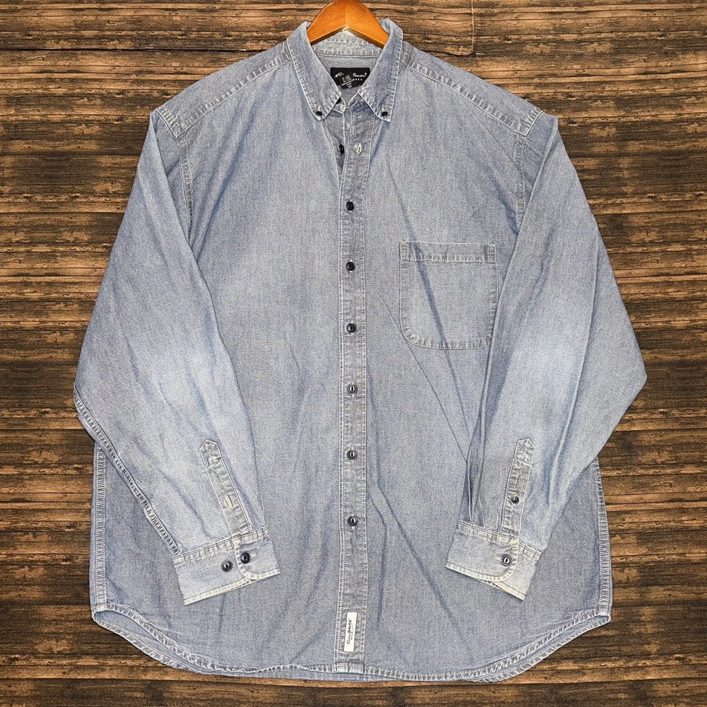 Eddie Bauer Denim Shirt Mens XL Tall Blue Vintage Long Sleeve Workwear